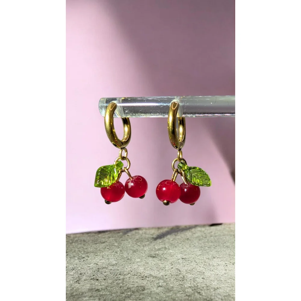 Gold Cherry Huggie Earrings, Gold Ion Plated Stainless Steel Hoops, Glass Beads - Picture 1 of 6